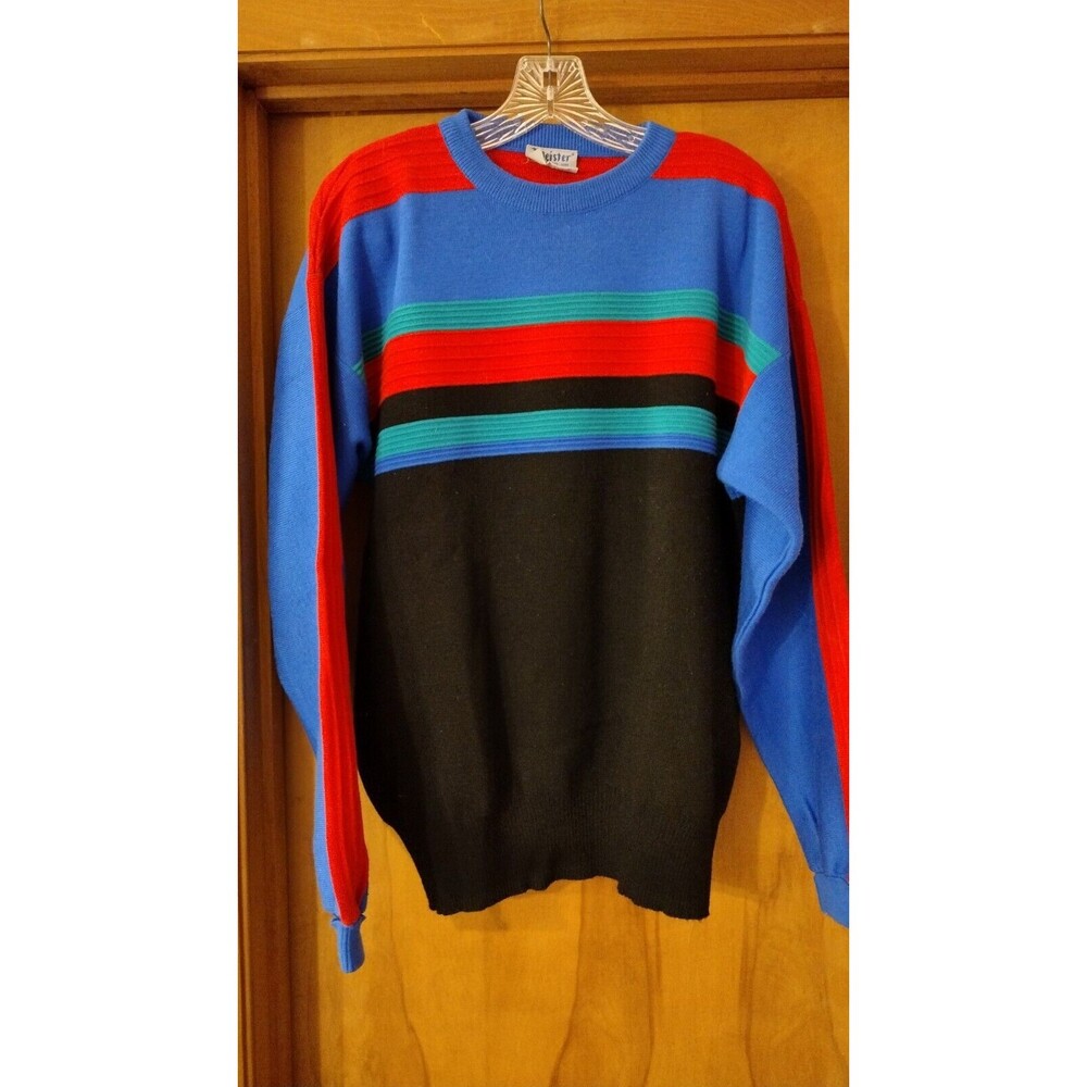 Vintage 70s 80s Meister Sweater Red Blue green Black Stripes 21 X 27 X 25 Mol